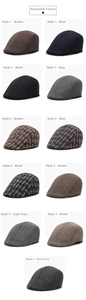 Detail showing various herringbone and plaid wool textures on men newsboy caps