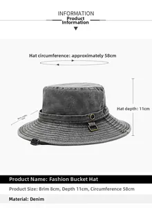 Tabella dettagliata delle misure per cappello da sole in denim grigio con dati tesa