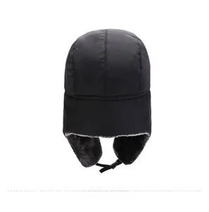 Rear view of black windproof winter trapper hat with gray plush faux fur lining