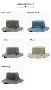 Vista piatta di cappelli a tesa larga in verde militare, blu denim, grigio, kaki e grigio scuro