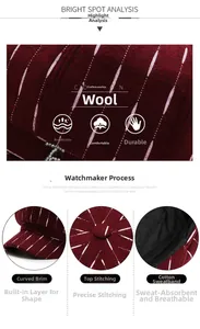 Detailed view of wine red newsboy cap showing wool fabric texture and reinforced brim