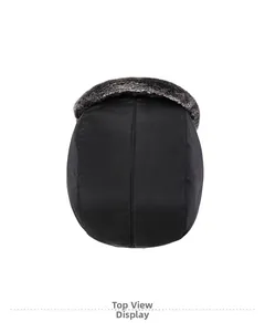 Top view of winter trapper hat showing black windproof fabric and grey faux fur trim