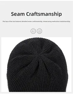 Close-up of the reinforced hexagonal stitching on top of the black knitted beanie
