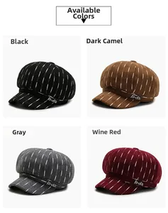 Four-grid view of striped newsboy hats in black, camel, grey, and wine red with metal logo