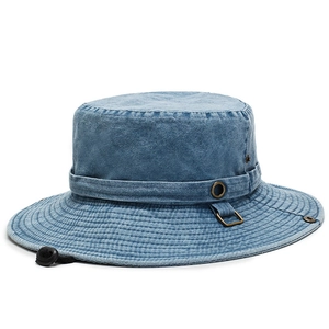 Cappello da sole in denim blu per pesca all'aperto con fori traspiranti e sottogola