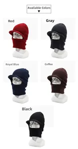 Detail of knitted winter balaclava hats with visors in multiple colors for men