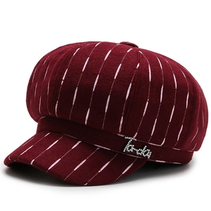 British style burgundy striped baker boy hat with Lucky rhinestone decoration