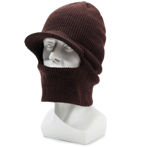 Detail of dark brown knit balaclava with brim showing thick wool texture and warm coverage