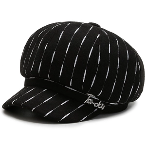 British style black newsboy cap with white stripes and sparkling LADY rhinestone accents