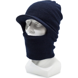 Navy blue winter knitted balaclava for men with brim and neck warmer for outdoor skiing