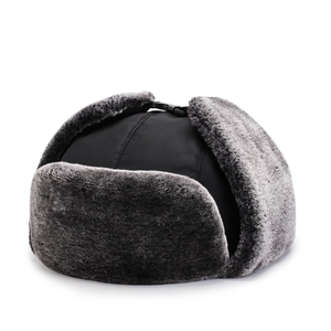 Winter thermal trapper hat with black windproof fabric and grey faux fur ear flaps