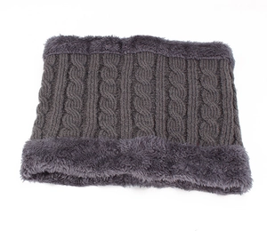 Close-up of dark grey cable knit neck gaiter with thick fleece lining for winter warmth