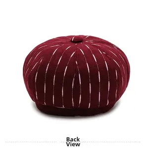 Back view of a burgundy newsboy cap with white pinstripes and wool texture fabric