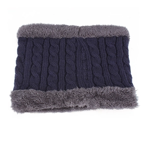 Navy cable knit neck warmer with thick grey fleece lining for winter outdoor sports