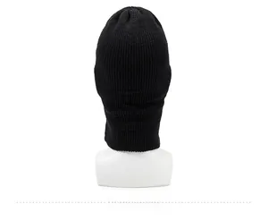 Close-up of black knitted winter balaclava showing high-quality ribbed texture and weave