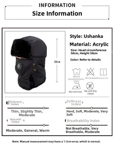 Detailed size chart and material information for the winter windproof trapper hat with mask