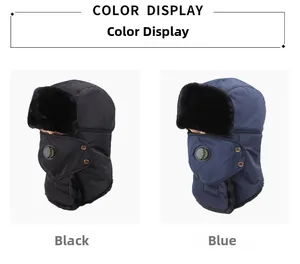 Winter thermal trapper hats in black and navy blue with thick fleece lining and mask