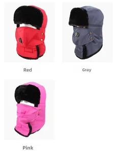 Fleece-lined winter trapper hats in red, gray and rose colors with protective face masks