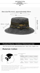 Size guide for outdoor cotton sun hat showing 58cm circumference and brim dimensions