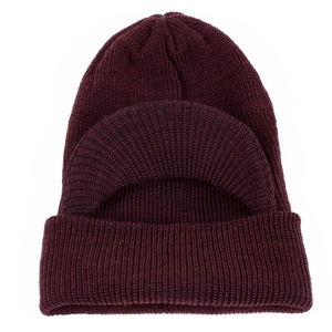 Burgundy winter knit visor beanie with ribbed texture for men, outdoor warm ski hat