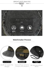 Detail view of cotton sun hat showing breathable fabric, camo trim, and adjustable chin strap