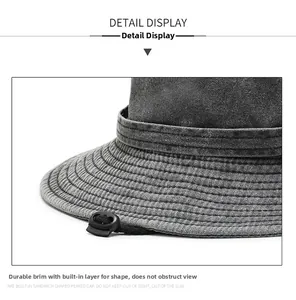Dettaglio della tesa rinforzata sul cappello outdoor grigio lavato con cuciture