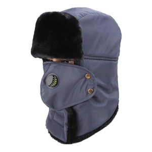 Winter bomber hat in navy blue with faux fur lining and detachable face mask for wind protection