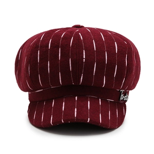 Classic burgundy wool newsboy cap with white pinstripes and silver letter accent