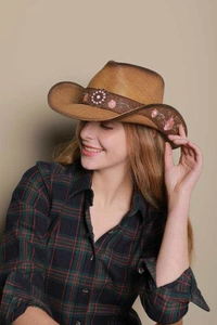 Detail of bohemian brown straw cowboy hat with pink floral embroidery and beadwork