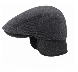 Side view of men's winter herringbone duckbill cap with warm ear flaps and thick lining