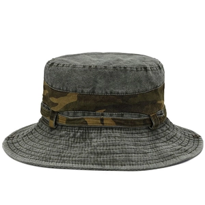 Outdoor washed dark grey wide brim sun hat with camouflage trim and vent holes