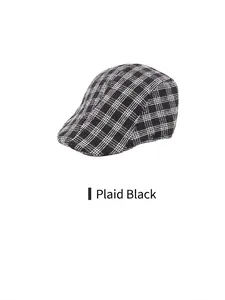 Macro detail of the black plaid fabric texture on a winter flat cap for men