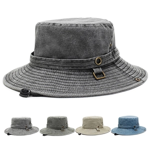 Cappello da Pescatore Boonie in Cotone Lavato per Uomo Donna Protezione Solare Outdoor Traspirante Safari con Cordino