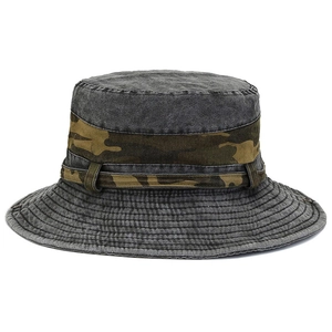 Washable grey outdoor bucket hat with camouflage ribbon and adjustable windproof strap