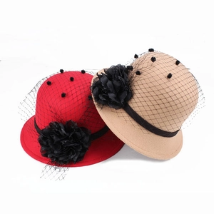 Vintage Elegant Women Woolen Felt Fedora Hat With Mesh Veil Flower Feather Decor Cloche Bucket Hat For Winter Church Party