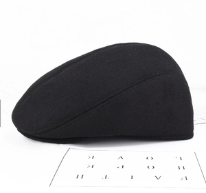 Classic black wool flat cap for men with ear flaps and warm thickened lining