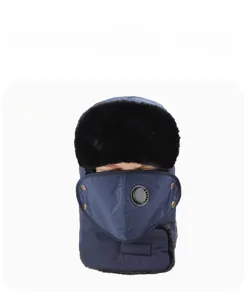 Front detail of navy winter trapper hat with thick faux fur trim and integrated face mask