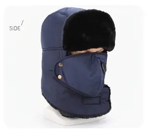 Winter bomber hat with ear flaps and face mask in dark blue windproof fabric
