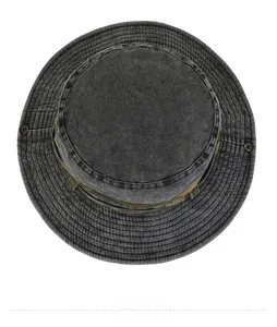 Detail of dark grey washed cotton bucket hat with olive green ribbon and metal eyelets