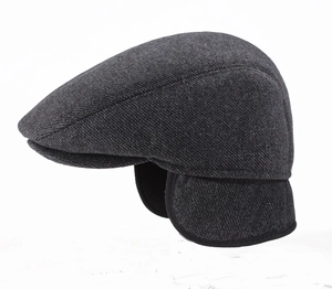 Men's dark gray thickened winter flat cap with ear flaps and warm fleece lining