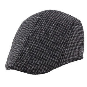 Classic black and grey herringbone flat cap for men with premium wool blend texture
