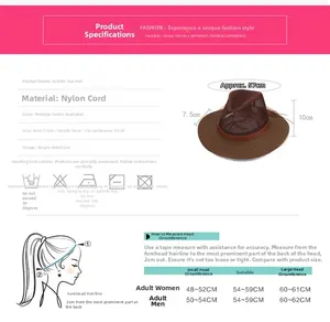 Size chart for cowboy straw sun hat with measurements and care instructions guide