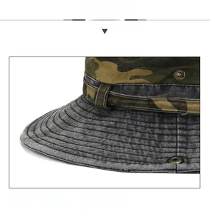 Detail of outdoor wide brim sun hat with reinforced stitching and metal side buttons