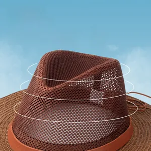Macro detail of breathable mesh crown and woven brim on brown sun hat with airflow arrows