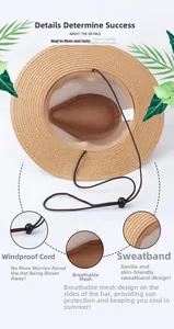 Detail of straw cowboy hat featuring breathable mesh, sweatband, and adjustable windproof rope