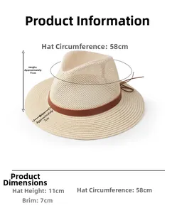 Detailed size chart showing 11cm height and 7cm brim for beige woven sun hat