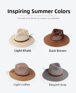 Detail view of woven straw sun hats in light khaki, dark brown, coffee, and grey colors