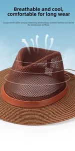 Detail of hollow mesh woven straw hat with brown leather band for breathable sun protection