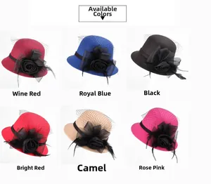 Detail showing wool felt hats with mesh veils and floral decors in six assorted colors