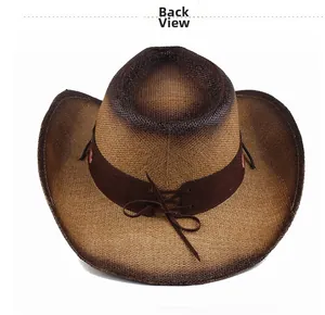 Back view of summer straw cowboy hat with gradient dyeing and decorative leather band